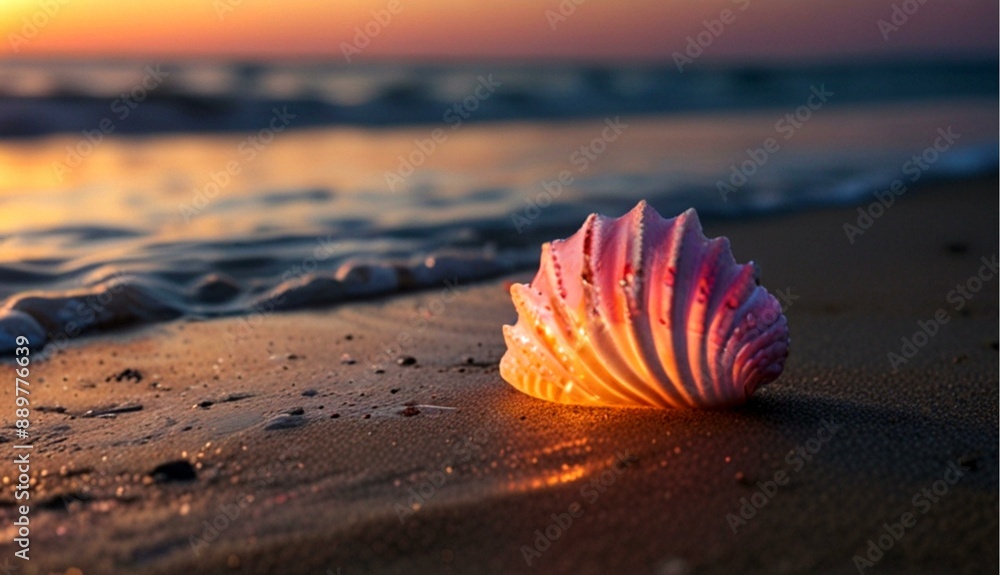 Glowing Seashell at Pink and White Sunset Shining Over the Beach Glowing Seashell at Pink and White Sunset Shining Over the Beach