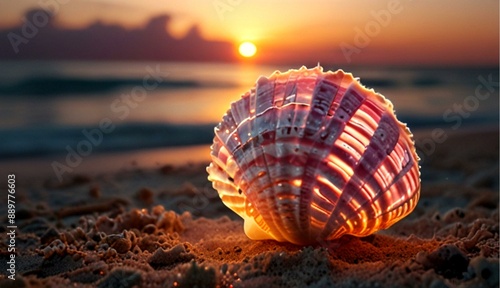 Glowing Seashell at Pink and White Sunset Shining Over the Beach