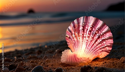 Glowing Seashell at Pink and White Sunset Shining Over the Beach