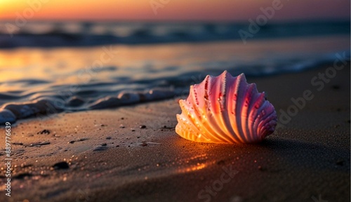 Glowing Seashell at Pink and White Sunset Shining Over the Beach