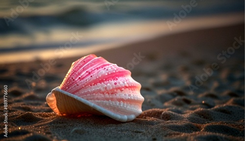 Glowing Seashell at Pink and White Sunset Shining Over the Beach