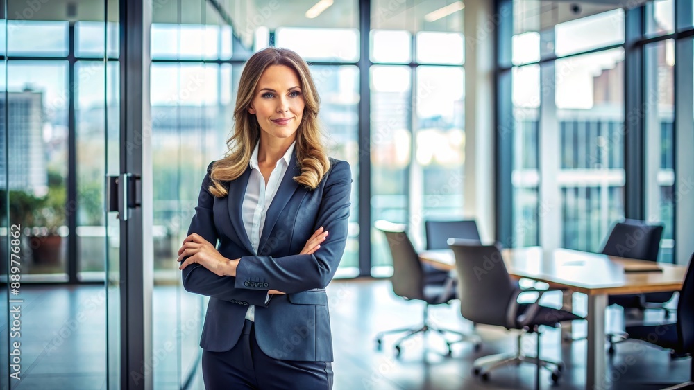 Elegant businesswoman in a classic suit standing confidently in a modern office setting , Success, corporate Elegant businesswoman in a classic suit standing confidently in a modern office setting , Success, corporate