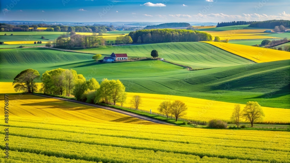 Obraz premium Green and yellow farm fields with canola rapeseed in Sk?ne Sweden during spring, Scandinavia, agriculture