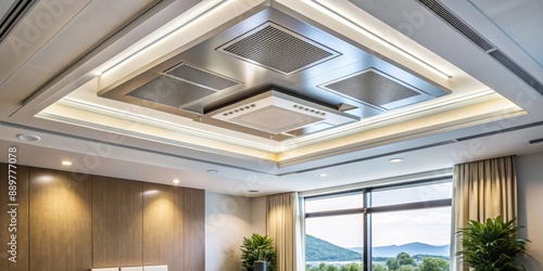 Interior room with a ceiling mounted cassette air conditioner and modern lamp light, suitable for a lobby room photo