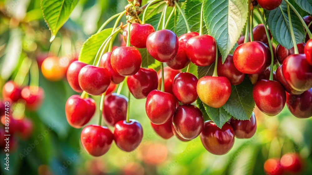 Juicy cherries hanging from branches of a lush tree, cherries, tree, fruit, ripe, red, fresh, garden, orchard, summer Juicy cherries hanging from branches of a lush tree, cherries, tree, fruit, ripe, red, fresh, garden, orchard, summer