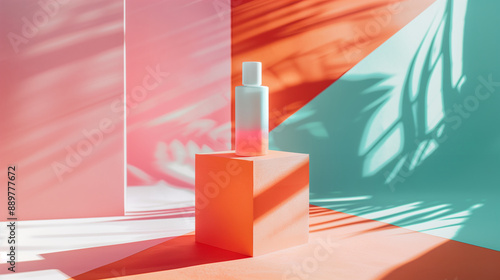 A Facial Lotion Toner Skincare Bottle Mockup Displayed on a Orange Podium Against A Vibrant Orange and Teal Color Background. Geometric and Minimal. Cosmetic Beauty Product Branding.