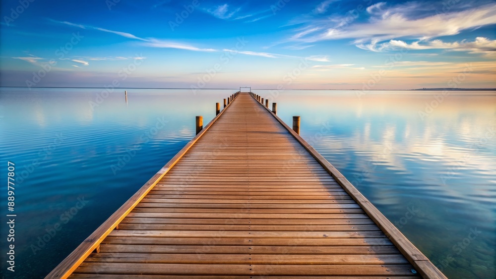 Fototapeta premium A long wooden pontile stretching out over calm water, bridge, dock, pier, walkway, ocean, sea, waterfront, relaxation
