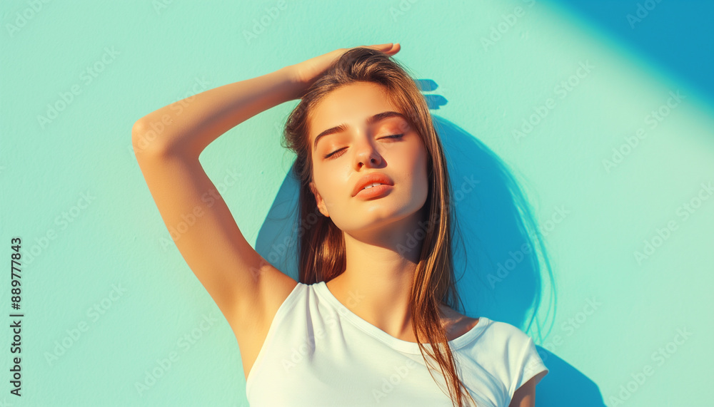 Young Woman Posing Against Turquoise Background, Summer Fashion, Casual White Tank Top, Sunlit Portrait, Relaxed Expression, Stylish Look, Modern Aesthetic, Outdoor Photography, Bright Colors. Young Woman Posing Against Turquoise Background, Summer Fashion, Casual White Tank Top, Sunlit Portrait, Relaxed Expression, Stylish Look, Modern Aesthetic, Outdoor Photography, Bright Colors.