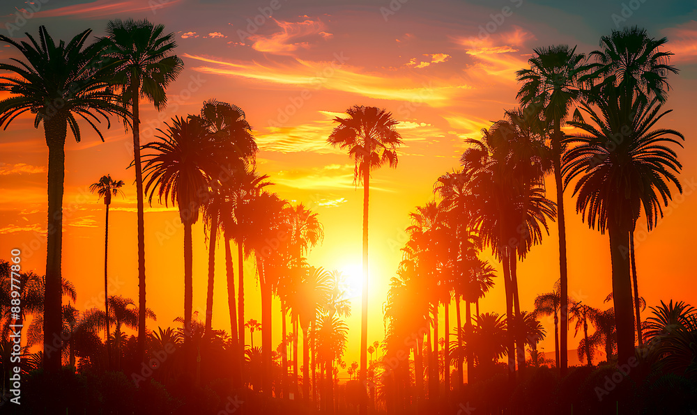 Obraz premium Palm trees stand tall and proud against a vibrant orange sunset sky