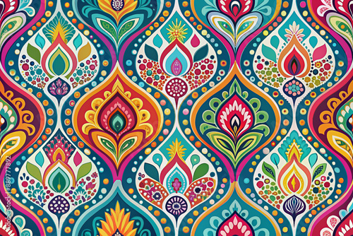 Vibrant ogee abstract pattern featuring intricate hand-drawn shapes in varied bright colors, perfect for modern designs, textiles, and graphic backgrounds.