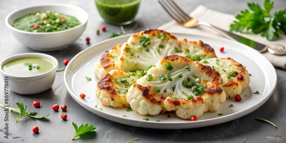 Cauliflower steaks with herb sauce and spices on a white plate, cauliflower, steaks, herb sauce, spices, plant-based Cauliflower steaks with herb sauce and spices on a white plate, cauliflower, steaks, herb sauce, spices, plant-based