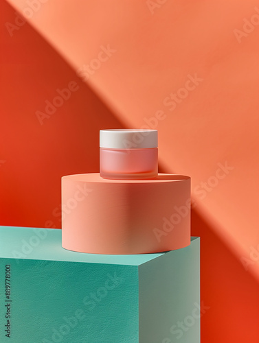 A Glass Skincare Facial Cream Jar Mockup Displayed on a Orange Round Podium Against A Vibrant Orange Color Background. Geometric and Minimal. Cosmetic Beauty Product Branding.
