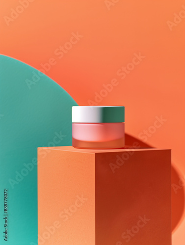 A Glass Skincare Facial Cream Jar Mockup Displayed on a Orange Podium Against A Vibrant Orange and Teal Green Background. Geometric and Minimal. Cosmetic Beauty Product Branding.