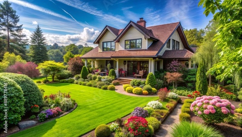 House nestled in a lush garden setting, house, garden, home, nature, green, foliage, outdoor, peaceful, tranquil, serene