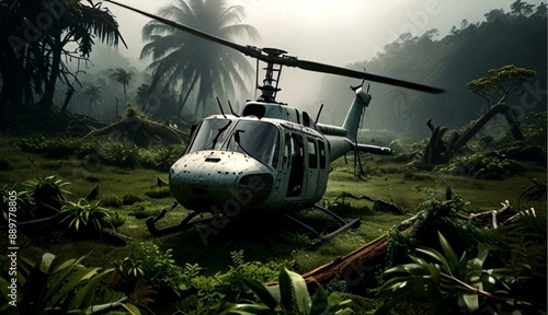 Dramatically Crashed Helicopter on a Remote Island Amidst Tangled Branches and Lush Greenery