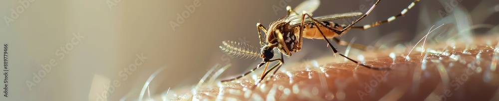 Naklejka premium Close-up of a mosquito biting human skin, detailed and sharp. Free copy space for text.