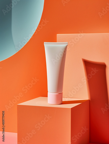 A White Skincare Cream Tube, Facial Cleanser, Sunscreen Mockup Displayed on a Orange Podium Against A Vibrant Orange and Blue Background. Geometric and Minimal. Cosmetic Beauty Product Branding.