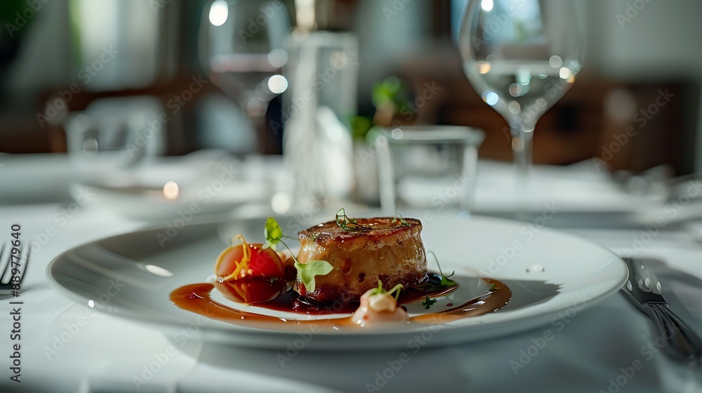 Beautifully plated gourmet dishes on a luxurious white tablecloth, highlighting culinary elegance. 32k, full ultra HD, high resolution Beautifully plated gourmet dishes on a luxurious white tablecloth, highlighting culinary elegance. 32k, full ultra HD, high resolution