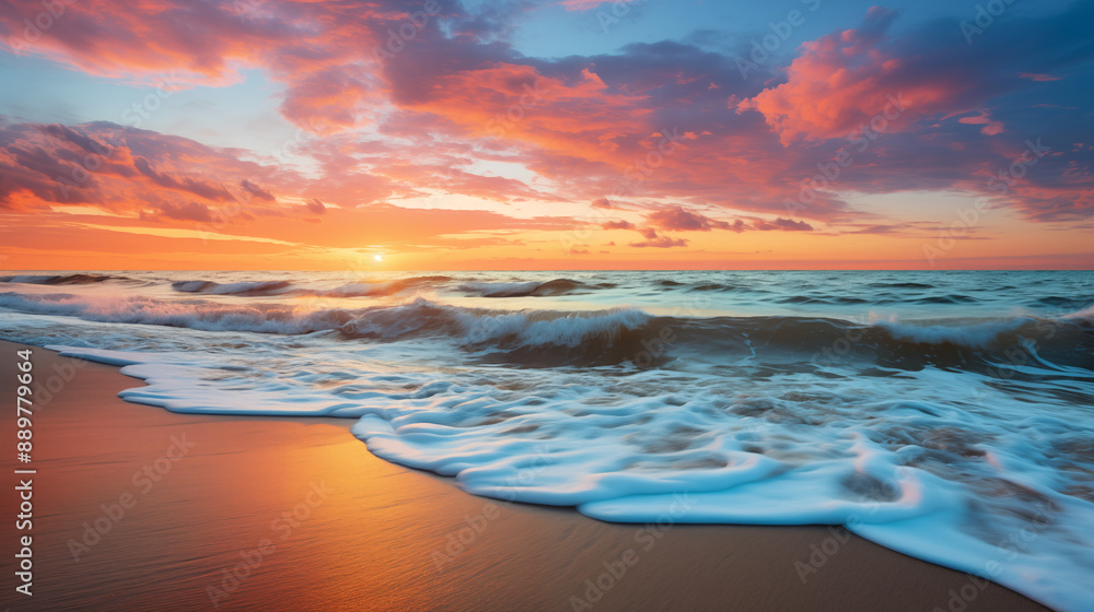 Stunning Sunset over Ocean Waves with Vibrant Colors and Dramatic Clouds Stunning Sunset over Ocean Waves with Vibrant Colors and Dramatic Clouds