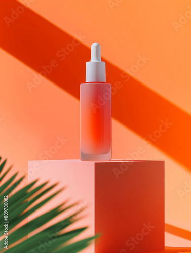 A Dropper Serum Facial Skincare Bottle Mockup Displayed on a Pink Square Podium Against A Vibrant Orange Color Background. Geometric and Minimal. Cosmetic Beauty Product Branding.