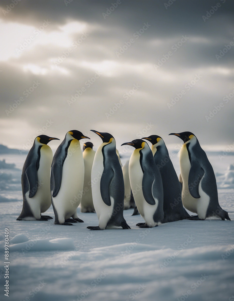Obraz premium A colony of emperor penguins on an ice shelf, under a dramatic Antarctic sky.