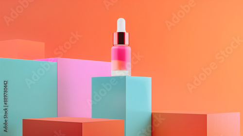 A Dropper Serum Facial Skincare Bottle Mockup Displayed on a Teal Green Podium Against A Vibrant Orange Color Background with Geometric Shapes. Minimal Cosmetic Beauty Product Branding.