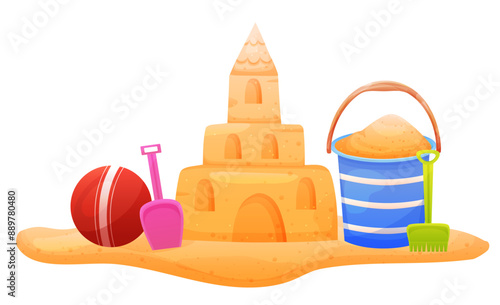 Sand castle with kids bucket and spade. Vector illustration