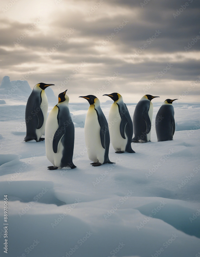 Obraz premium A colony of emperor penguins on an ice shelf, under a dramatic Antarctic sky.