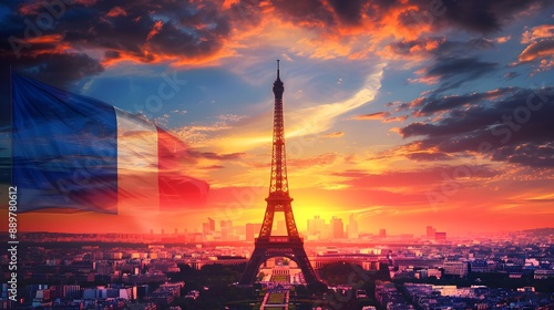 French flag with Eiffel Tower in Paris, France, sunset sky background. Panoramic style.
 photo