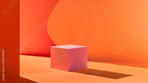 An Empty Square Cube Pink Podium, Display For Skincare, Product Mockup Against A Vibrant Orange Background. Geometric and Minimal. Cosmetic Beauty Product Branding.