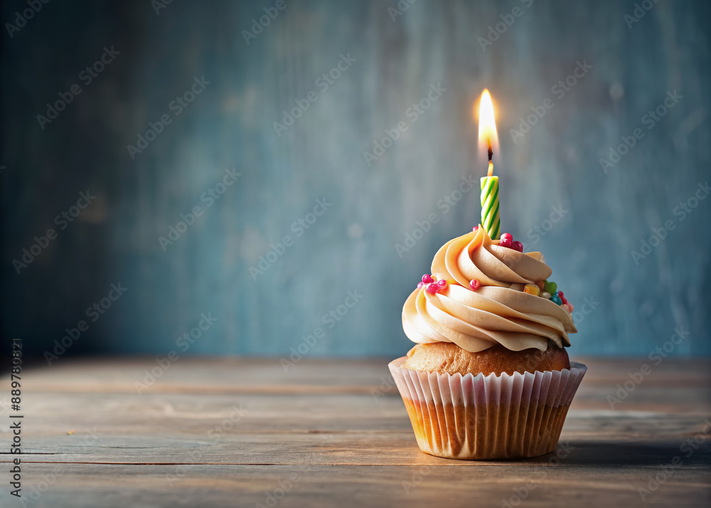 A deliciously decorated cupcake with a single lit candle sits on a clean surface, surrounded by empty space, waiting for a personalized birthday message. A deliciously decorated cupcake with a single lit candle sits on a clean surface, surrounded by empty space, waiting for a personalized birthday message.
