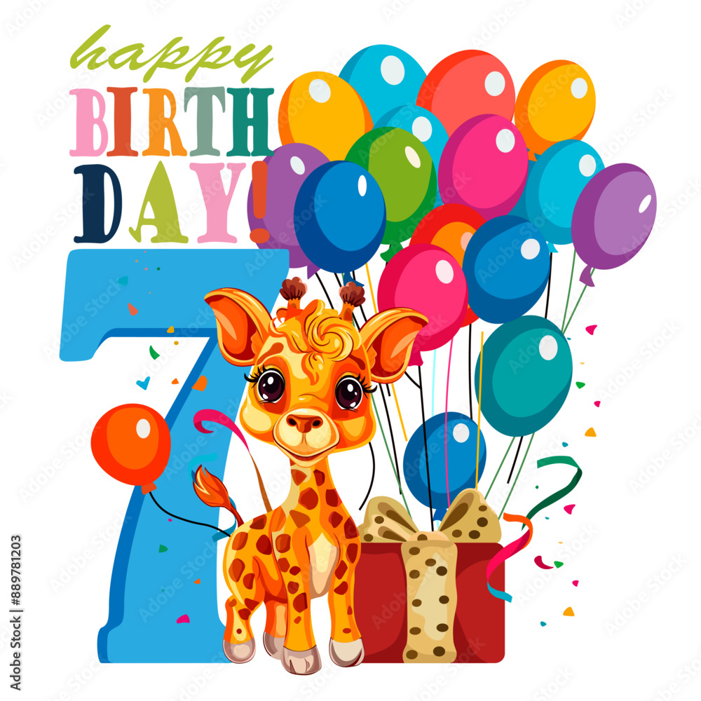 Naklejka premium Happy birthday card for a seven year old child.