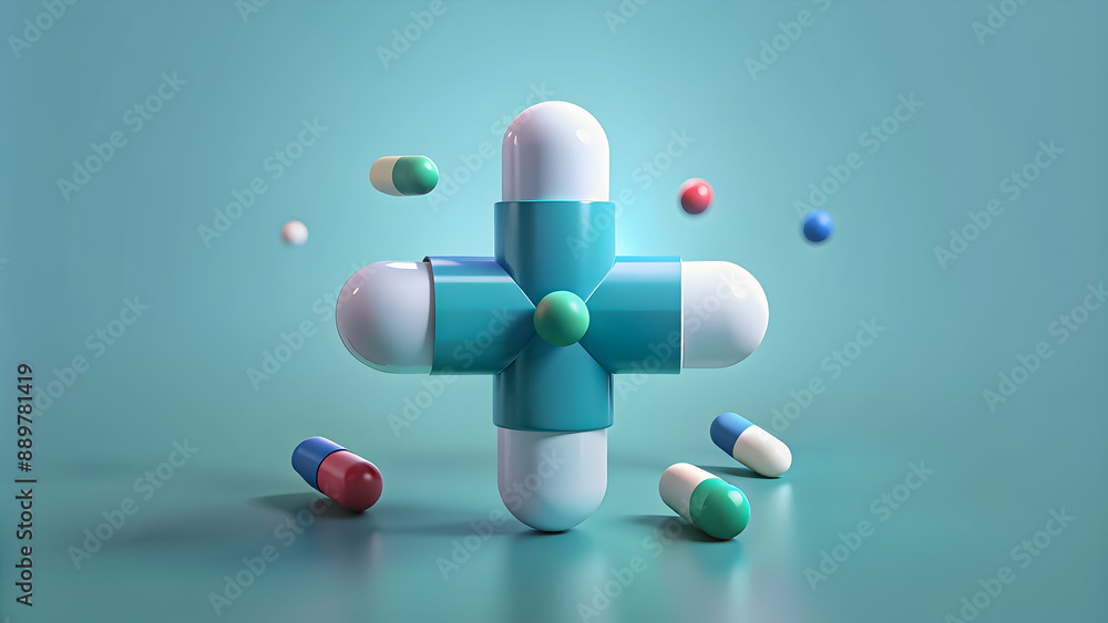 An artistic pharmaceutical composition with a cross made of capsules and floating pills on a serene turquoise background. An artistic pharmaceutical composition with a cross made of capsules and floating pills on a serene turquoise background.