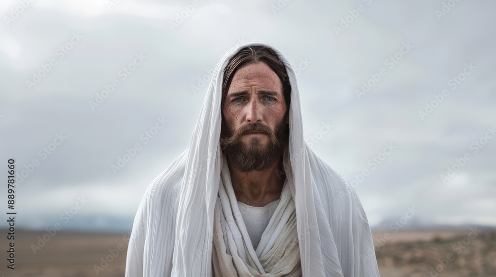 Man in traditional white robe standing in a desert landscape with a cloudy sky, portraying peaceful and contemplative expression. Man in traditional white robe standing in a desert landscape with a cloudy sky, portraying peaceful and contemplative expression.