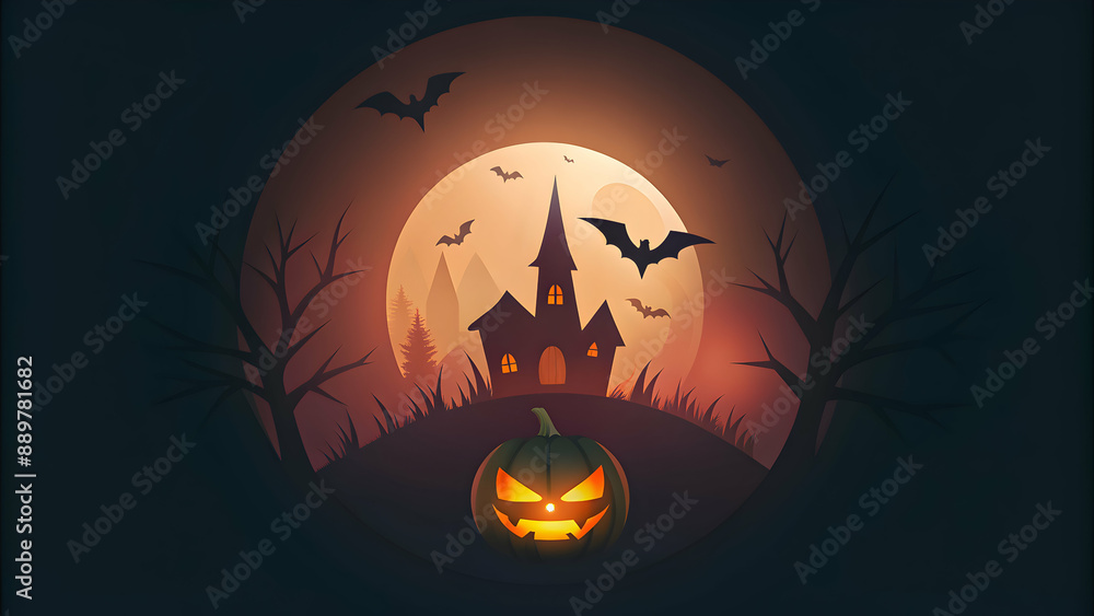 Fototapeta premium Mysterious Halloween night with a menacing pumpkin in a foggy graveyard