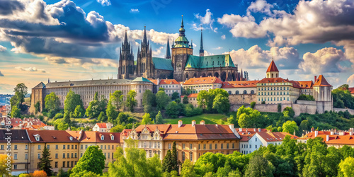 Majestic Prague Castle complex with striking Gothic spires and Romanesque architecture, set amidst lush green gardens, against a vibrant blue sky with puffy white clouds.