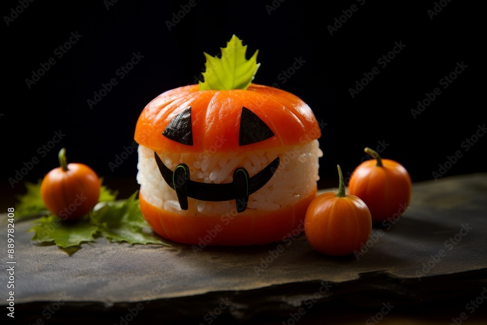Jack-o'-lantern sushi made with rice and vegetables. Jack-o'-lantern sushi made with rice and vegetables.