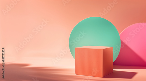 An Empty Orange Square Cube Podium, Display For Skincare, Product Mockup Against A Vibrant Orange and Green Background with Geometric Shapes. Minimal Cosmetic Beauty Product Branding.
