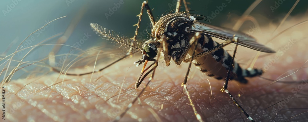 Naklejka premium Close-up of a mosquito biting human skin, detailed and sharp. Free copy space for text.