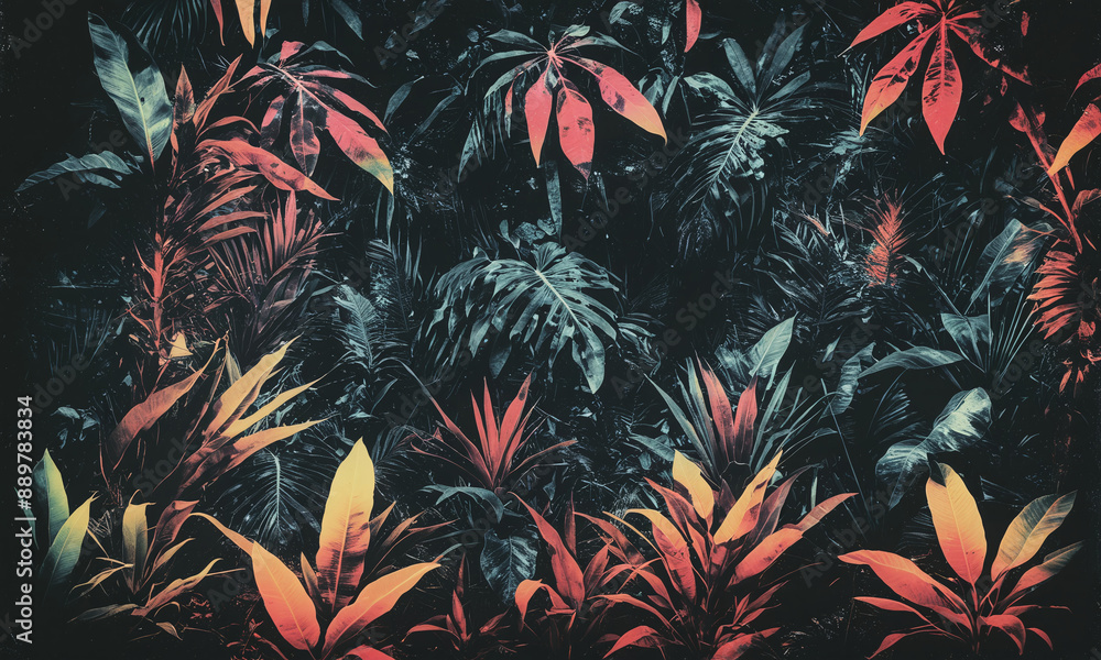 Illustrative depiction of a section of lush fresh jungle leaves and exotic trees as an exotic floral jungle pattern in contrasting and colorful colors Illustrative depiction of a section of lush fresh jungle leaves and exotic trees as an exotic floral jungle pattern in contrasting and colorful colors