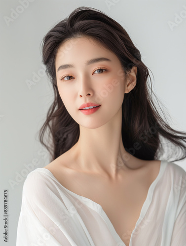 Beautiful Young Asian Woman in White Blouse, Natural Makeup, Studio Portrait, Elegant Expression, Minimalist Background, Fresh and Serene Look, Timeless Beauty, Fashion Photography