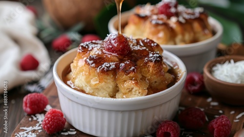 dessert recipes, indulge in a cozy treat of coconut bread pudding topped with a rich coconut rum sauce for a delightful dessert experience photo