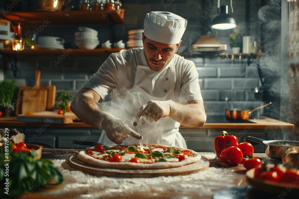 Pizza Maker Creating a Delicious Pizza Pizza Maker Creating a Delicious Pizza