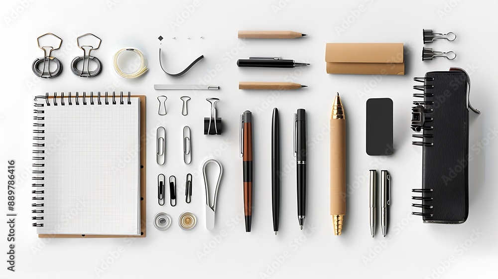 Artistic stationery and office supplies including pens, notebooks, and paper clips on a pristine white background. 32k, full ultra HD, high resolution Artistic stationery and office supplies including pens, notebooks, and paper clips on a pristine white background. 32k, full ultra HD, high resolution