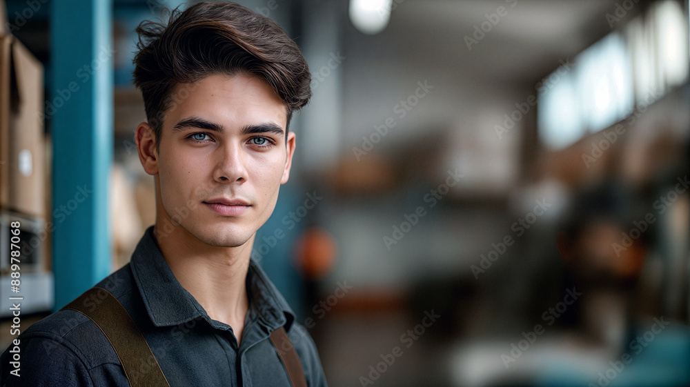 Fototapeta premium A young man stands in a warehouse, sporting a casual look with a focused expression, as blurred activity unfolds in the background - Generative AI