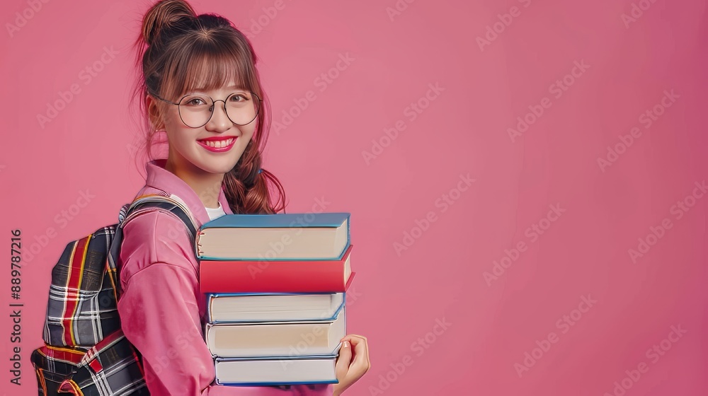 Cheerful Young Woman with Backpack and Stack of Books, Back to School Concept on Pink Background Cheerful Young Woman with Backpack and Stack of Books, Back to School Concept on Pink Background