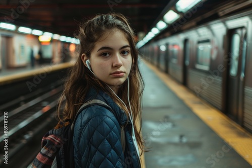 Young Woman Waiting on a Subway Platform with Earphones and Focused Expression