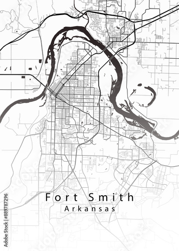 Minimalist white map of Fort Smith, Arkansas – A modern map print highlighting infrastructure of the city, useful for tourism purposes
