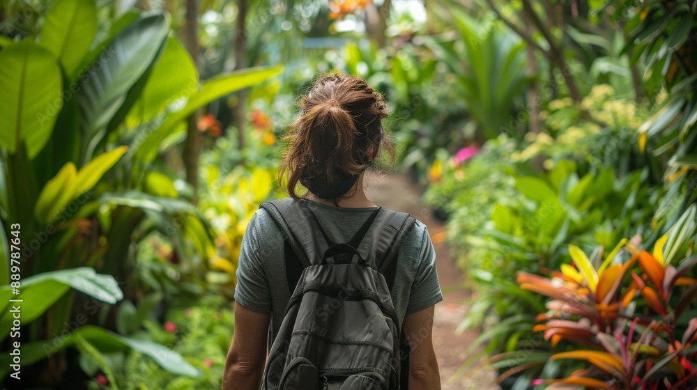 A person taking a mindful walk in a botanical garden, observing the beauty and details of the plants A person taking a mindful walk in a botanical garden, observing the beauty and details of the plants