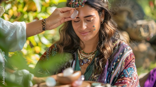 Ayurvedic practitioner using gemstones and crystals
